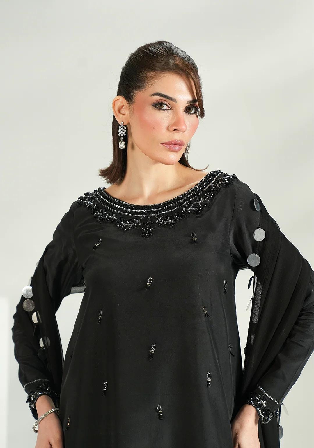 Embroidered Black Silk Farshi Shalwar Kameez: Indian Wedding Outfit with Chiffon Dupatta