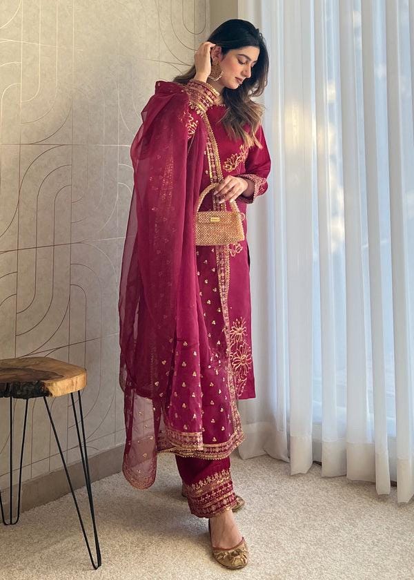 Embroidered Magenta haze Kattan Silk Suit Culottes  and organza Dupatta