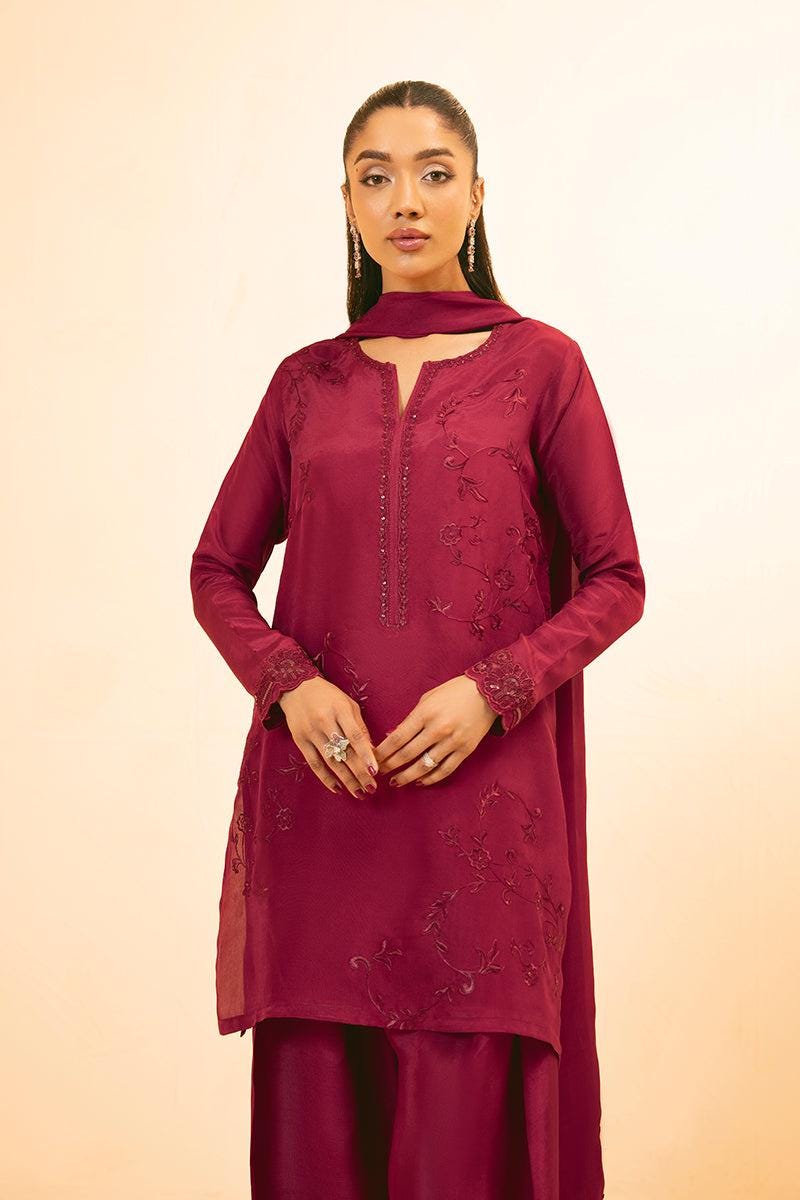 Embroidered Tassel Silk Farshi Shalwar Kameez: Pakistani 3-Piece Suit