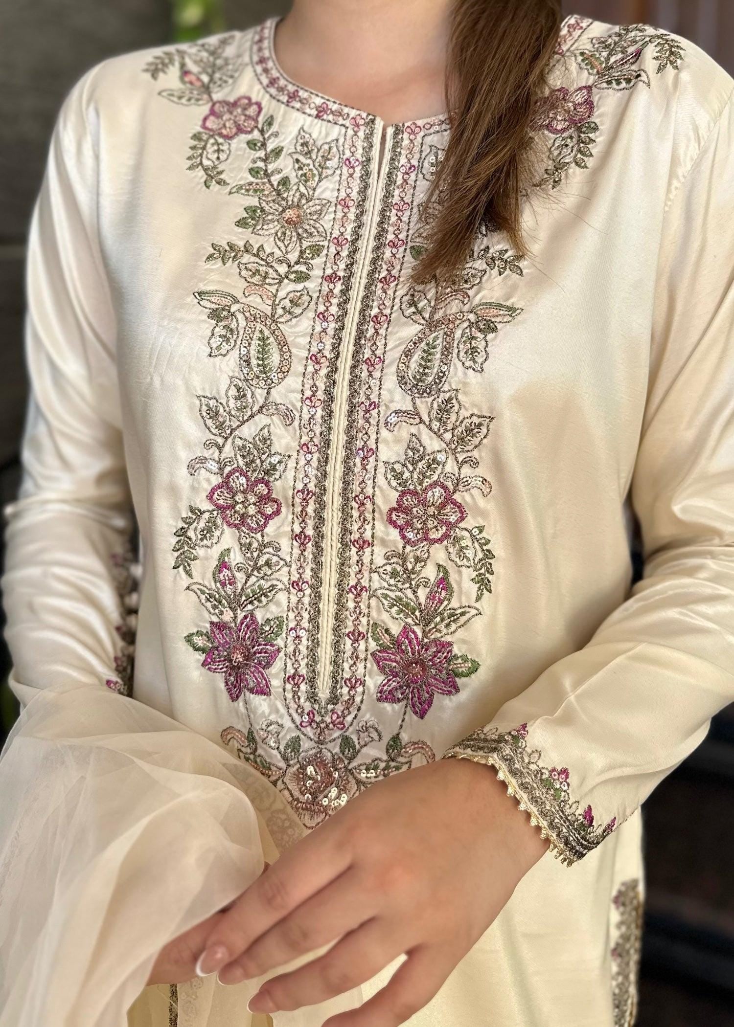Embroidered Silk Shalwar Suit, Off-White Farshi, Organza Dupatta