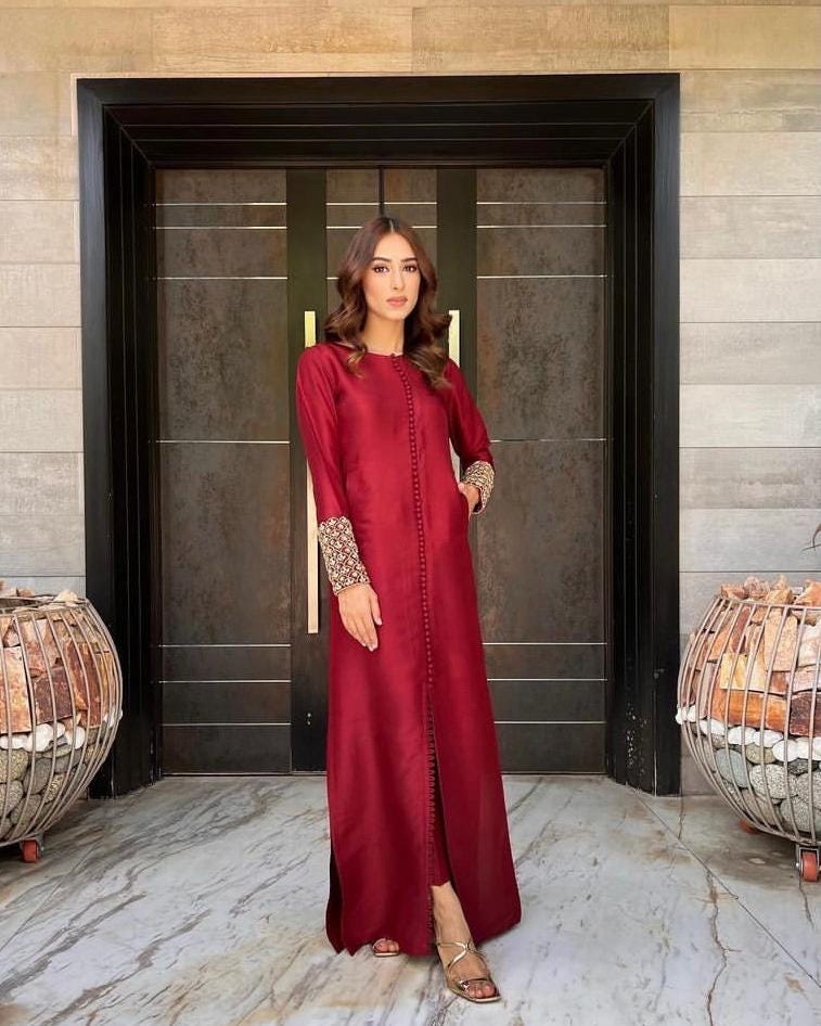 Hand-Embellished Raw Silk Pakistani Dress, Organza Dupatta