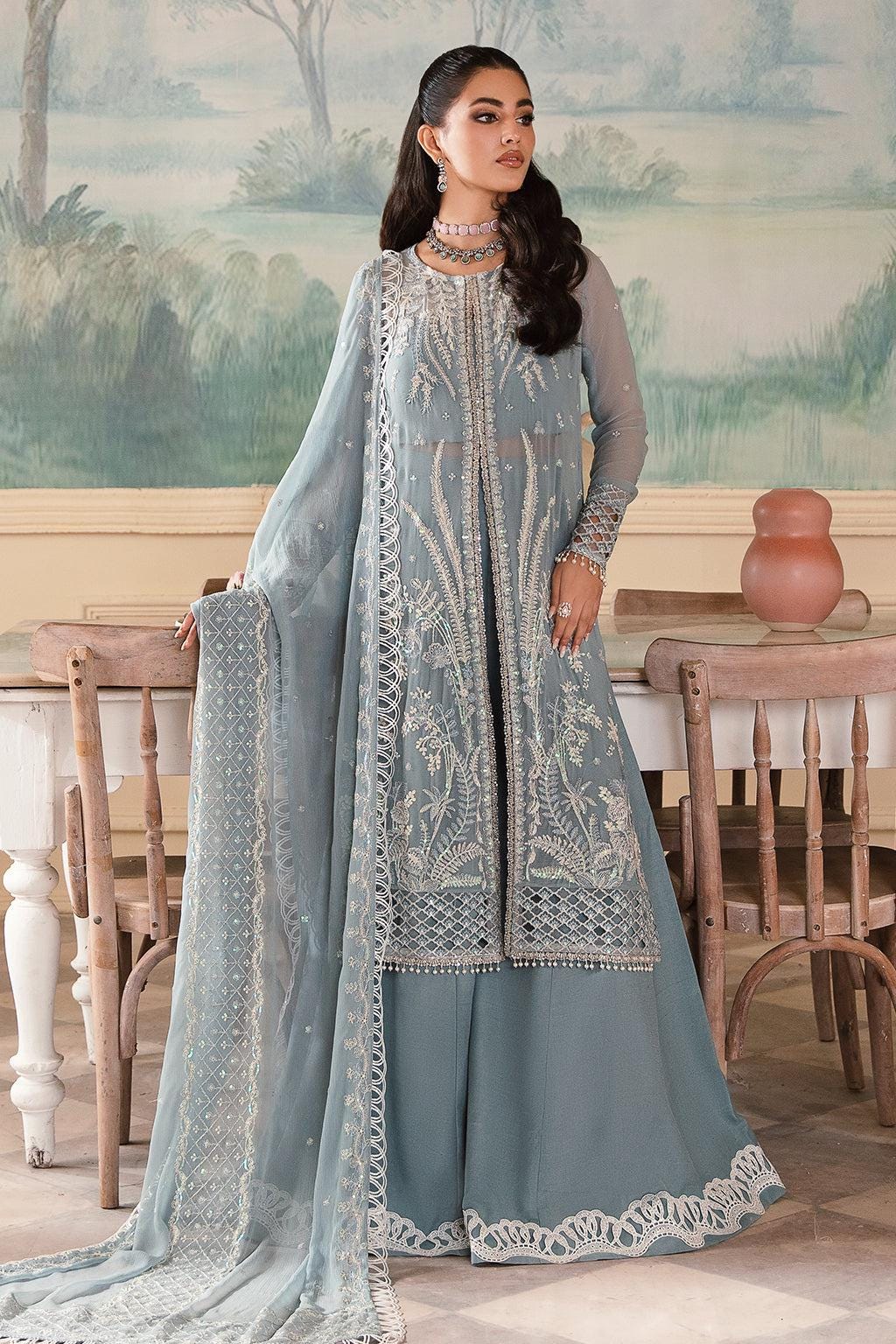 Embroidered Sky Blue Chiffon Pakistani Dress, Lace Sharara, Eid Outfit