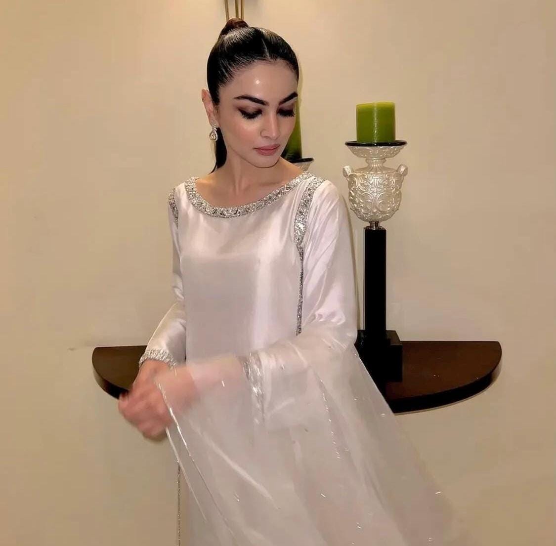 White Beaded Pakistani Dress: Hand Embroidered Silk Suit/pakistani formal dress/white shirt trouser pakostani/modest indian dress/shadi/