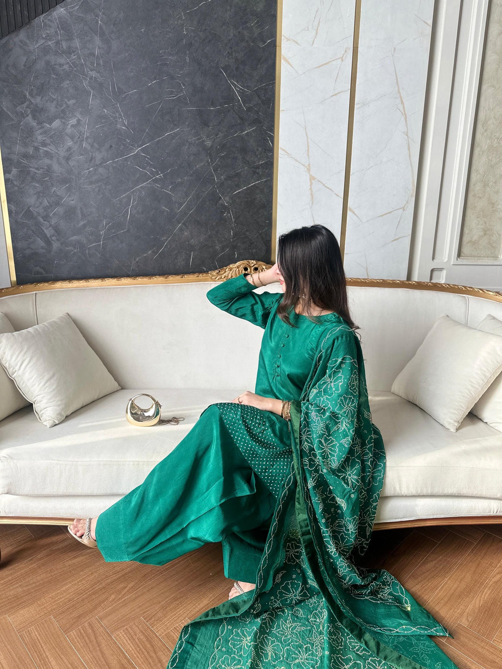 Green Russian Silk Salwar Kameez Suit, Festive Wedding Wear