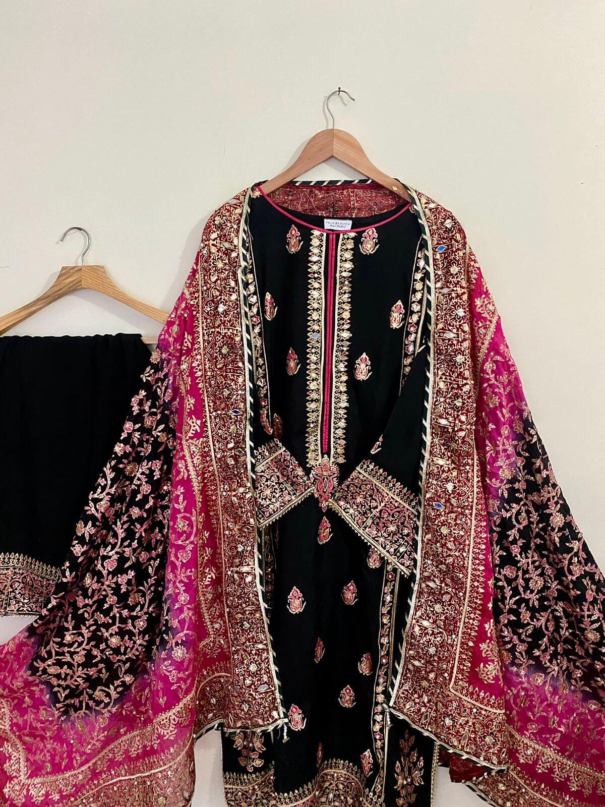 Black Silk Suit with Three-Shaded Chunari Dupatta: Mukesh Work, Golden Border