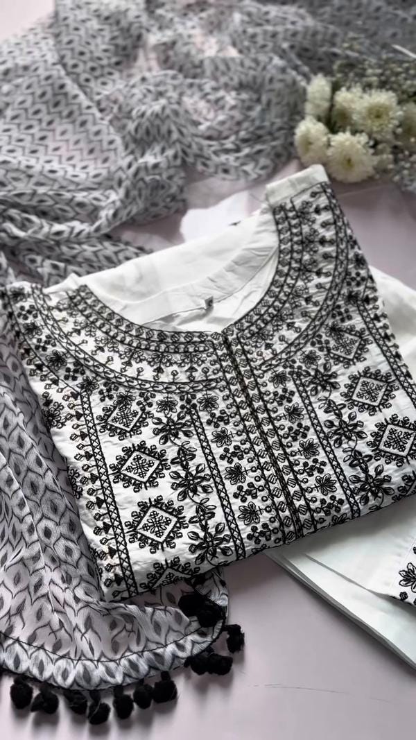 Embroidered Linen Salwar Kameez Suit, Chiffon Dupatta