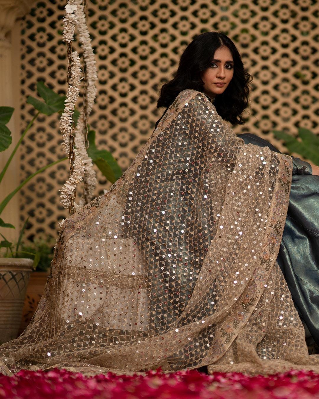 Nude Sequin Tissue Dupatta, Kamdani Shawl, Indian Bridewear