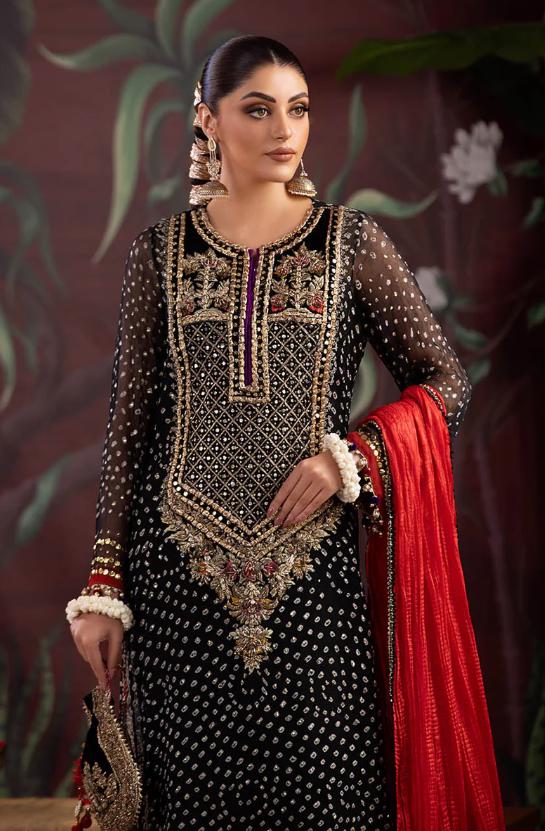 Hand Embroidered Pakistani 3pc Suit | Black Chunnari Chiffon, Festive Wedding Wear