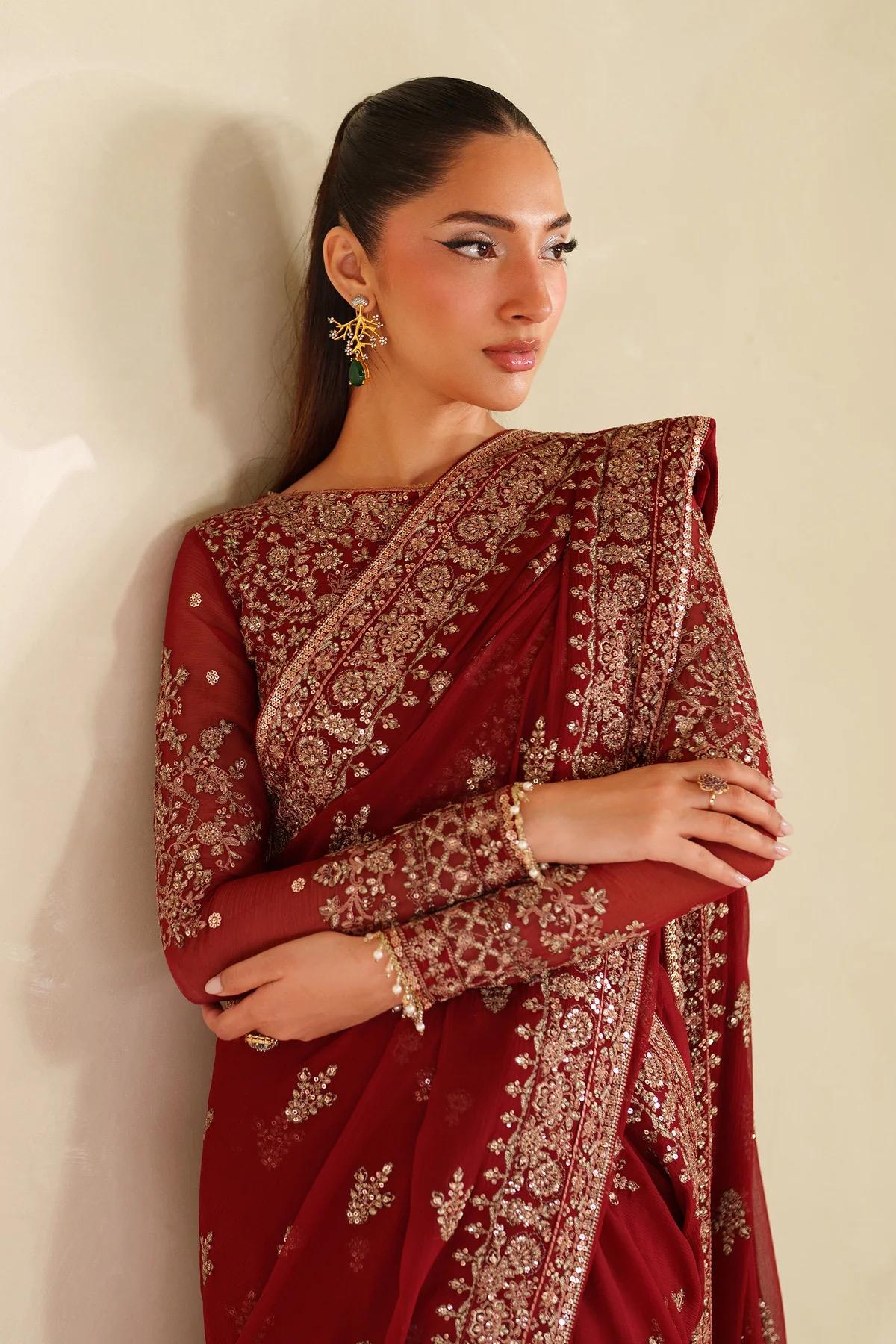 Red Chiffon Saree, Sequins Embroidered Indian Party Wear