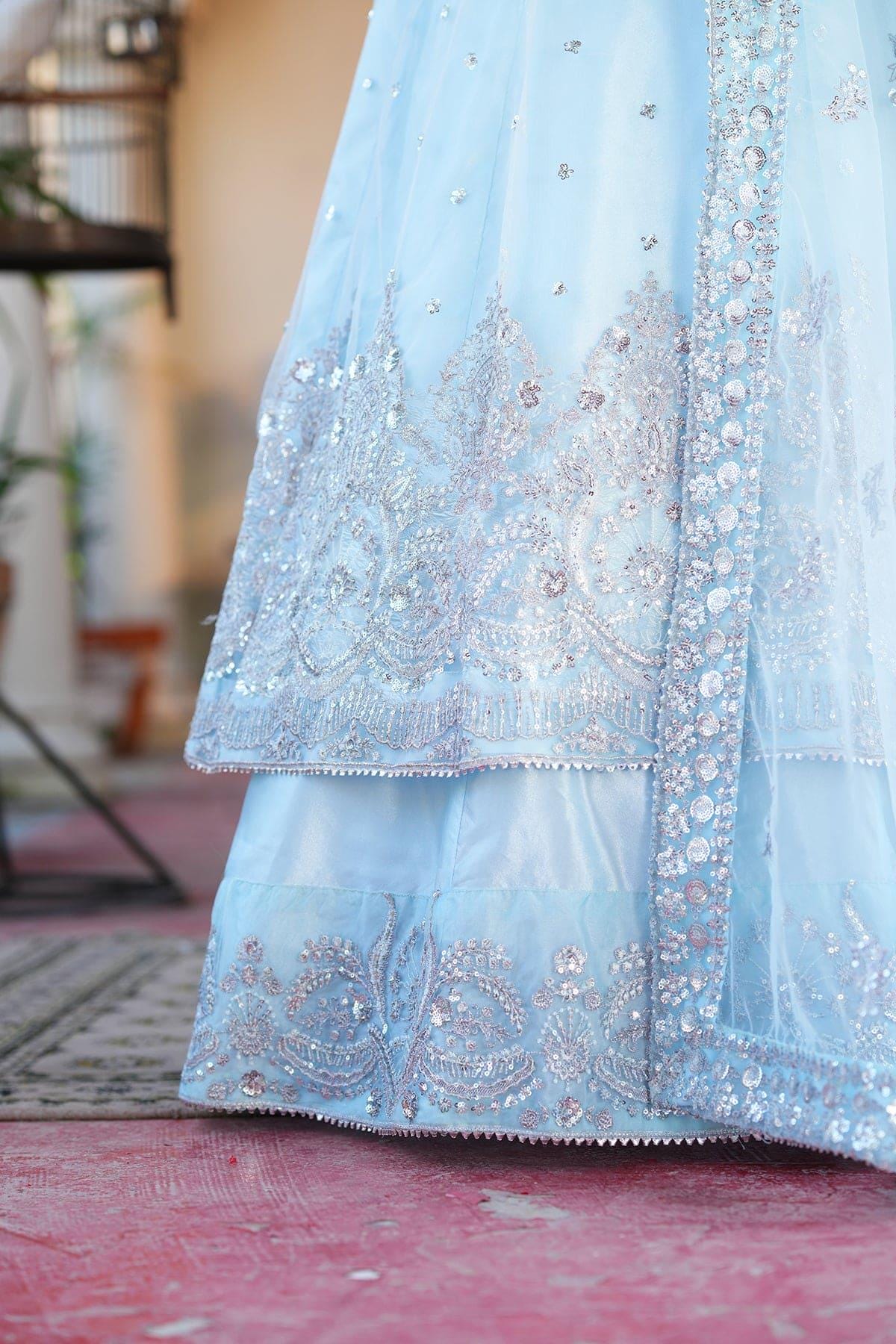 Embroidered Net Frock, Sky Blue Pakistani Maxi Dress, Lengha India
