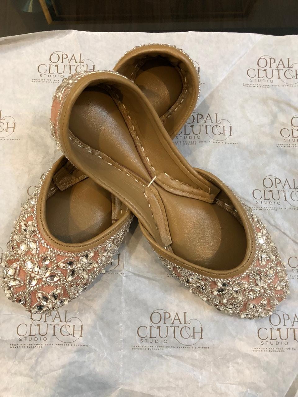 Handmade Leather Jutti – Taupe Silk, Floral Embroidered Bridal Flats