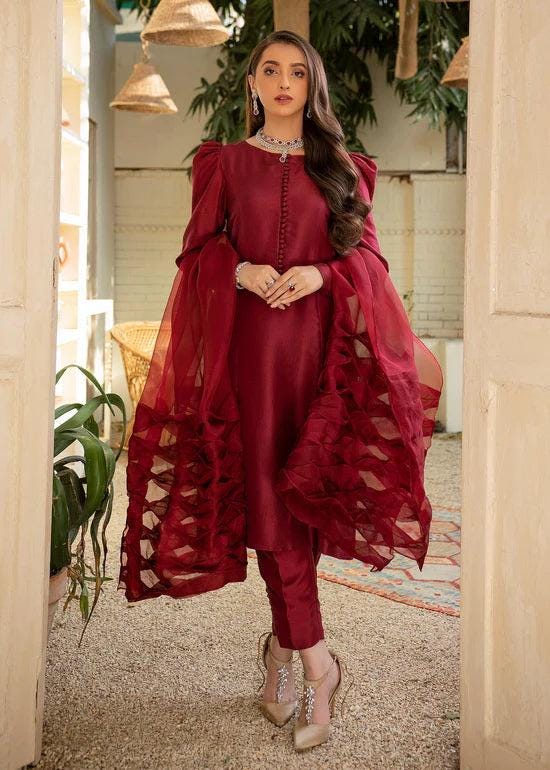 Handmade Silk Kurta Pant Set: Red Indian Dress with Organza Dupatta