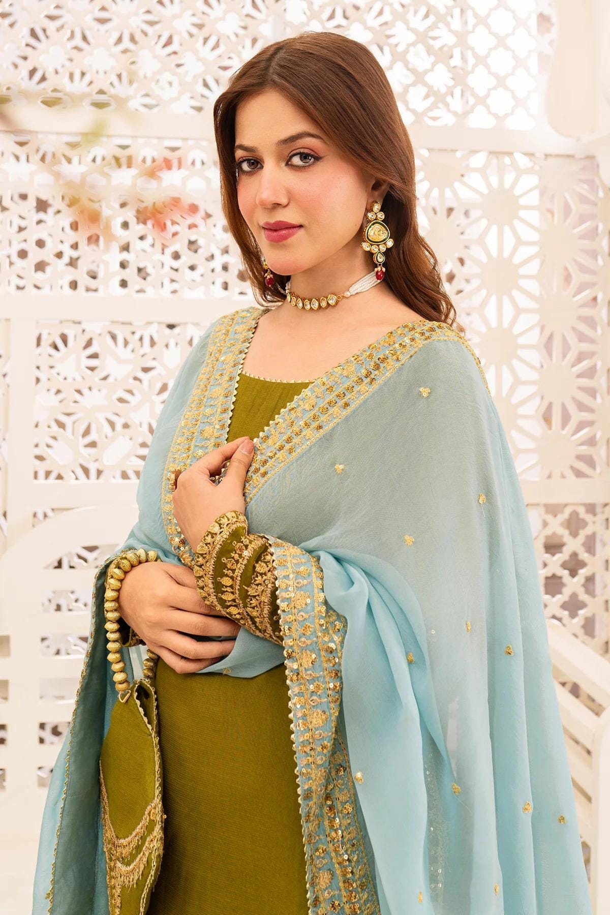 Embroidered Silk Pakistani Dress: Olive Green Lehenga, Chiffon Dupatta