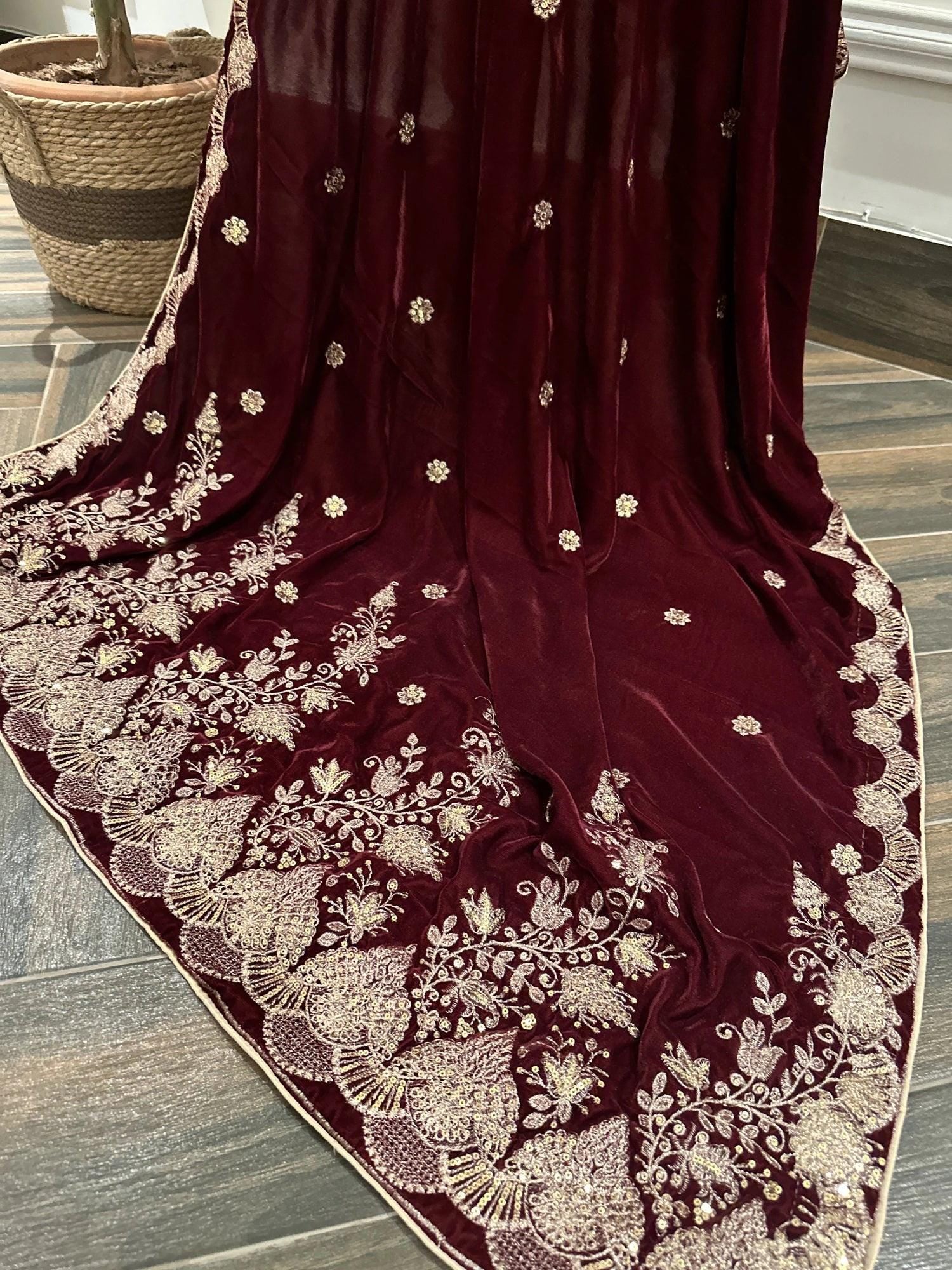 Maroon Velvet Embroidered Shawl: Bridal Duppatta with Cutwork Border