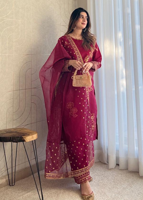 Embroidered Magenta haze Kattan Silk Suit Culottes  and organza Dupatta