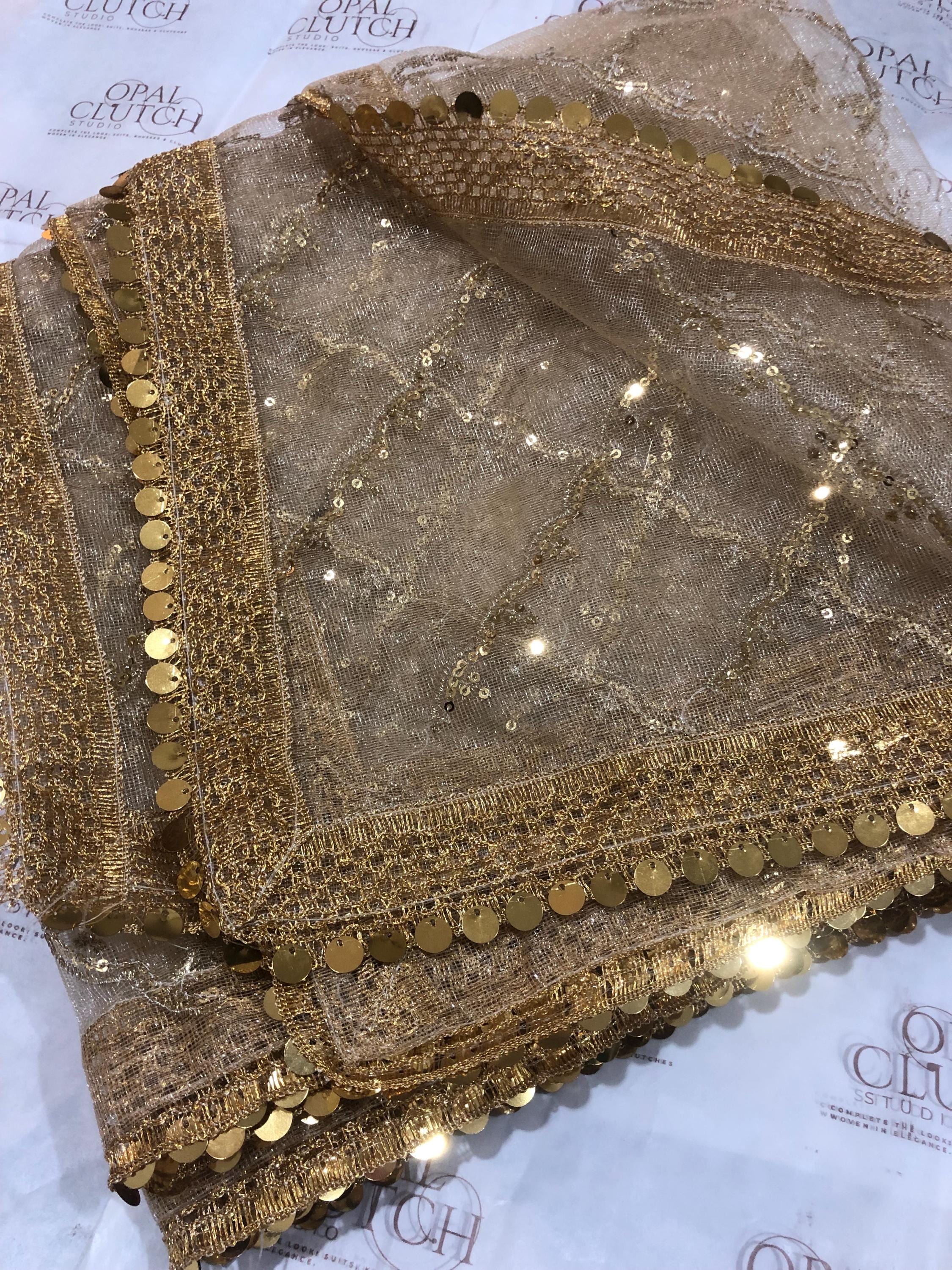 Zari Net Dupatta, Gold, Blue, Green, Engagement Mehndi Wear