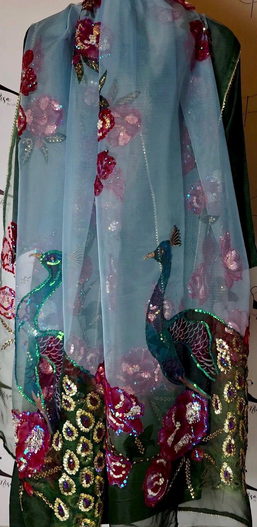 Handpainted Bridal Dupatta & Farshi Shalwar: Nikkah Green Tissue