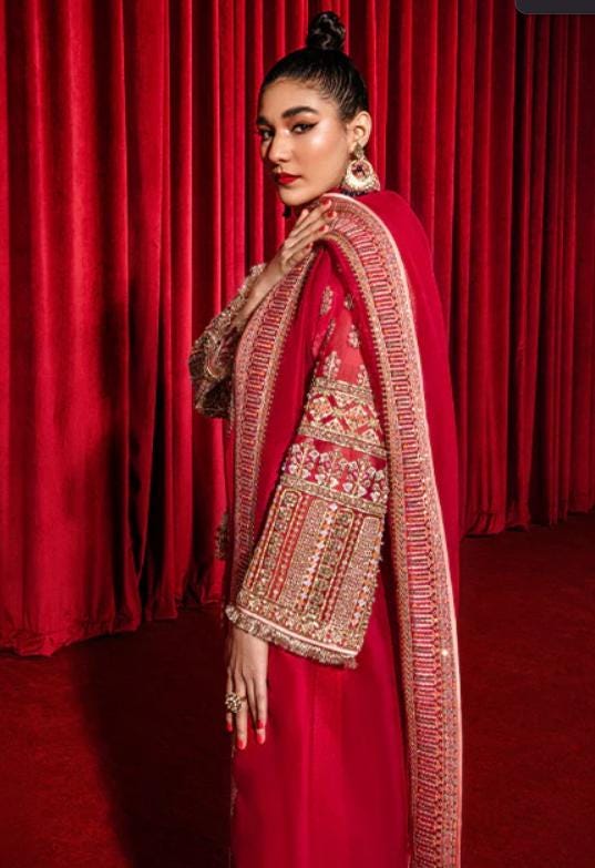 Red Silk Salwar Kameez, Embroidered Indian Suit with Dupatta
