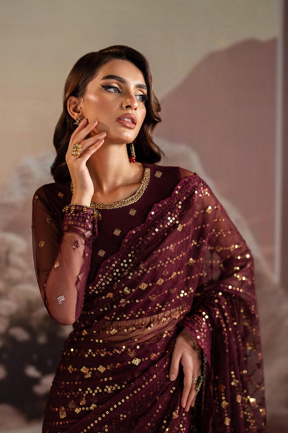 maroonish embroidery laceSequin Saree: Indian reception Party Wear, Matching Blouse