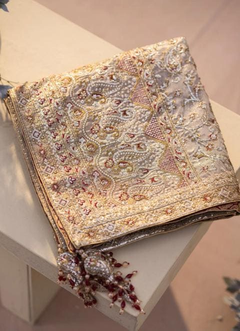 Hand Embroidered Gold Tissue fancy Dupatta: Indian Wedding Shawl