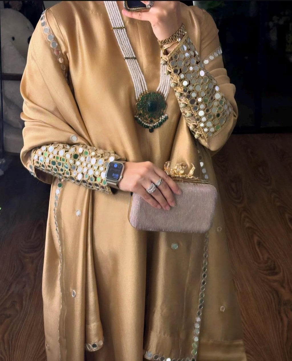 Gold Silk Kameez Shalwar, Pakistani Mirrorwork 3pc Outfit