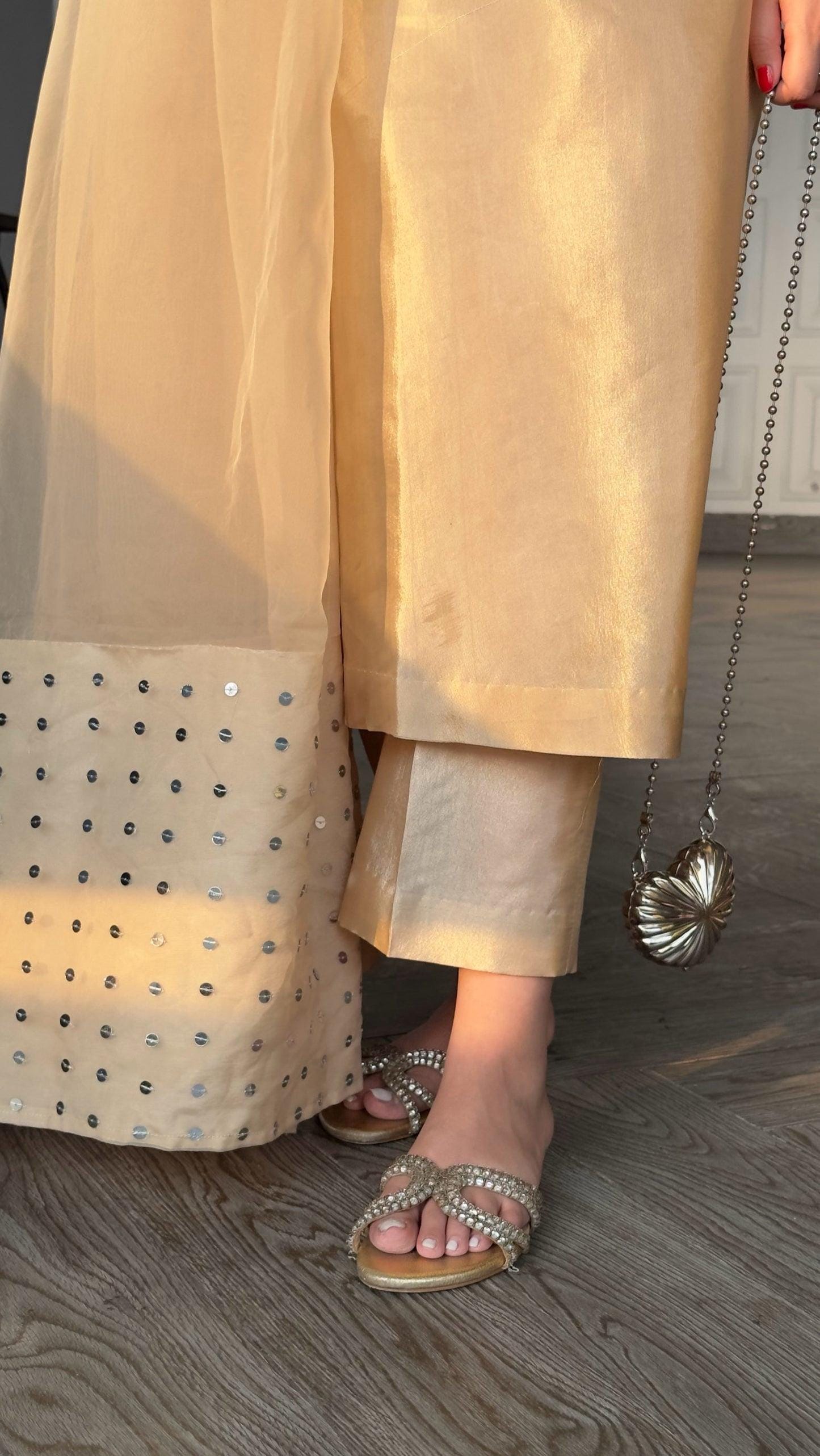 Ivory Silk Pakistani Dress: Silver Embroidery, Organza Dupatta