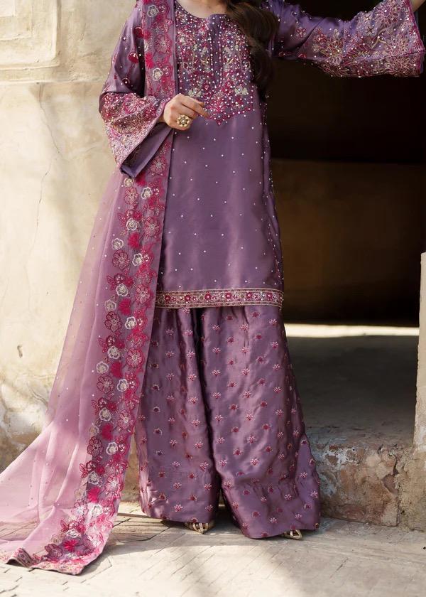 Kamdani Silk Punjabi Suit purple Short Kurta, Trouser & Dupatta