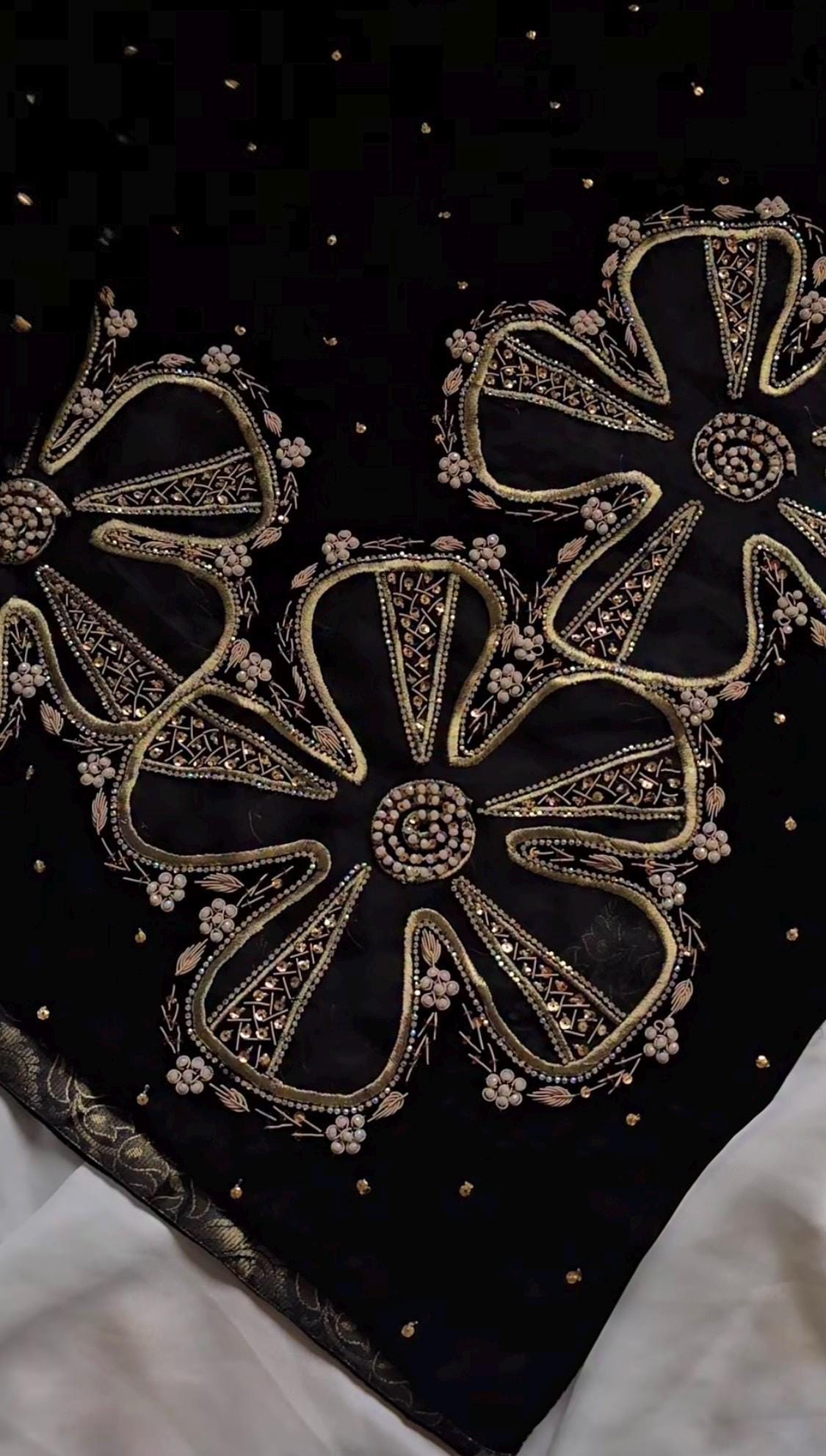 Black Velvet Shawl | Hand-Embroidered Flower & Tila, Formal Wrap