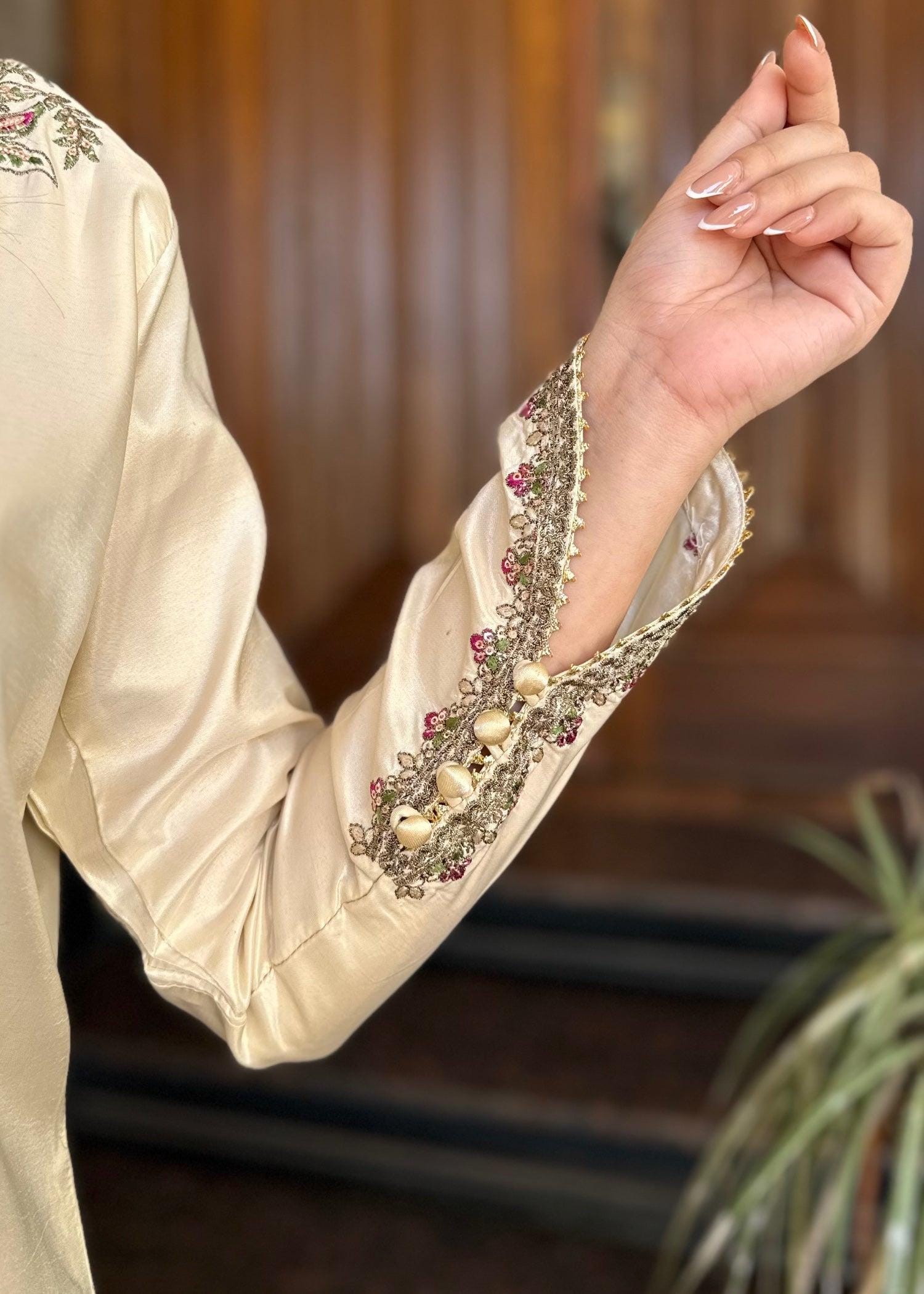 Embroidered Silk Shalwar Suit, Off-White Farshi, Organza Dupatta