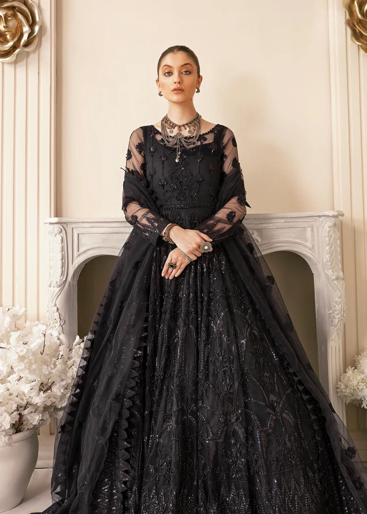 Black Embroidered Net Maxi Gown: Pakistani Wedding Reception Dress