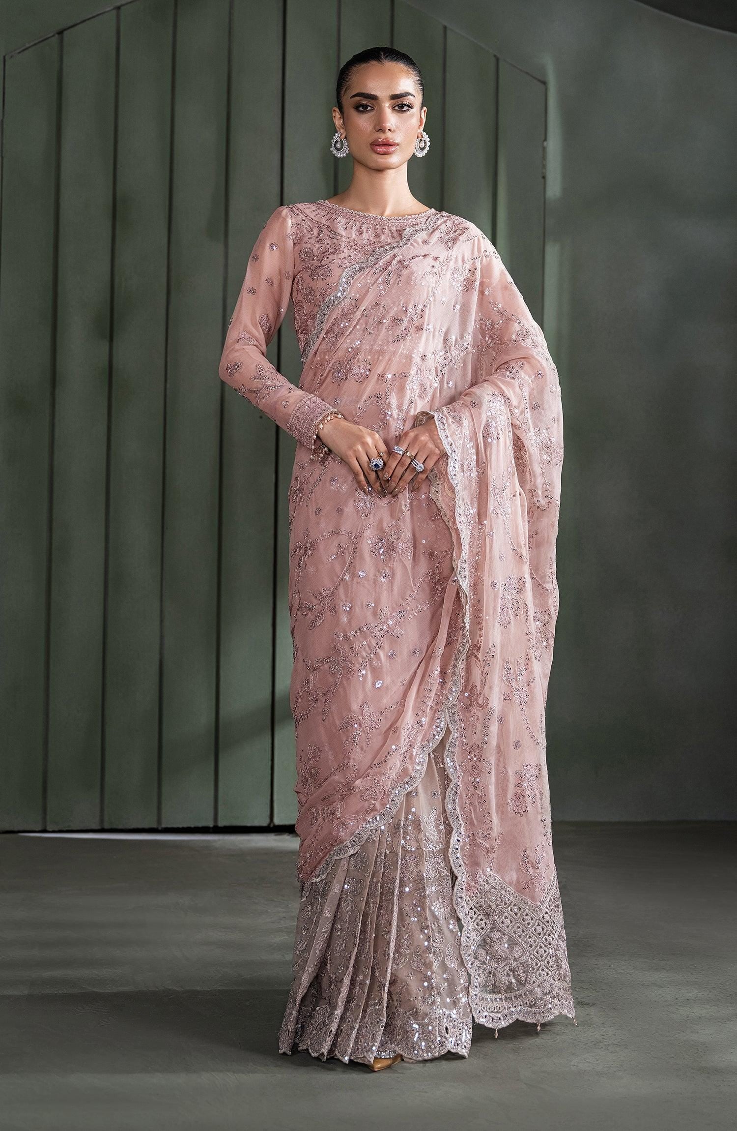 Pink Sequins Embroidered Chiffon Saree, Indian Wedding Wear