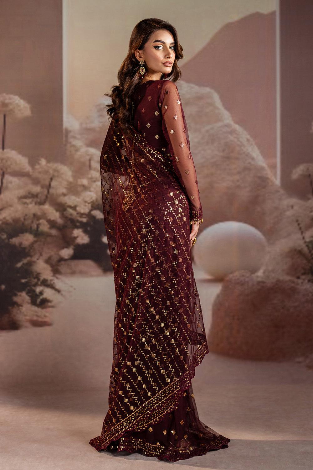 maroonish embroidery laceSequin Saree: Indian reception Party Wear, Matching Blouse