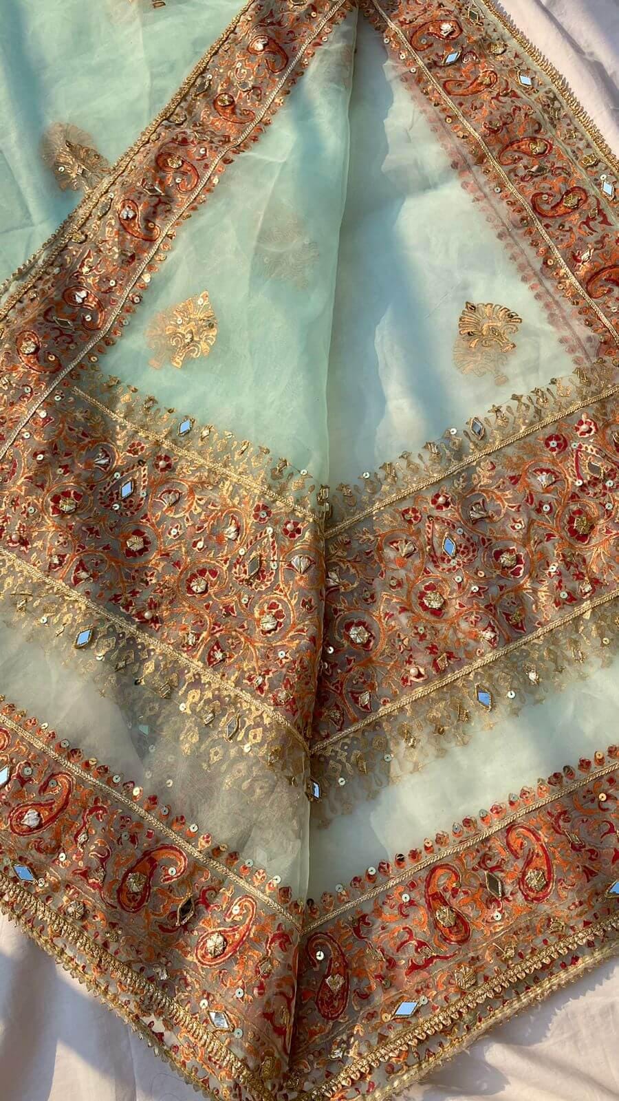 Ice Blue Organza Dupatta: Pakistani Bridal Shawl with Gotta Work