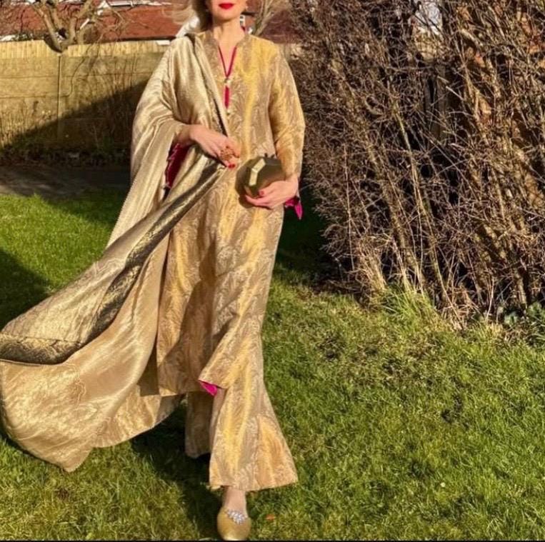 atlas banarsi gold Kameez Shalwar, Pakistani Mirrorwork 3pc Outfit