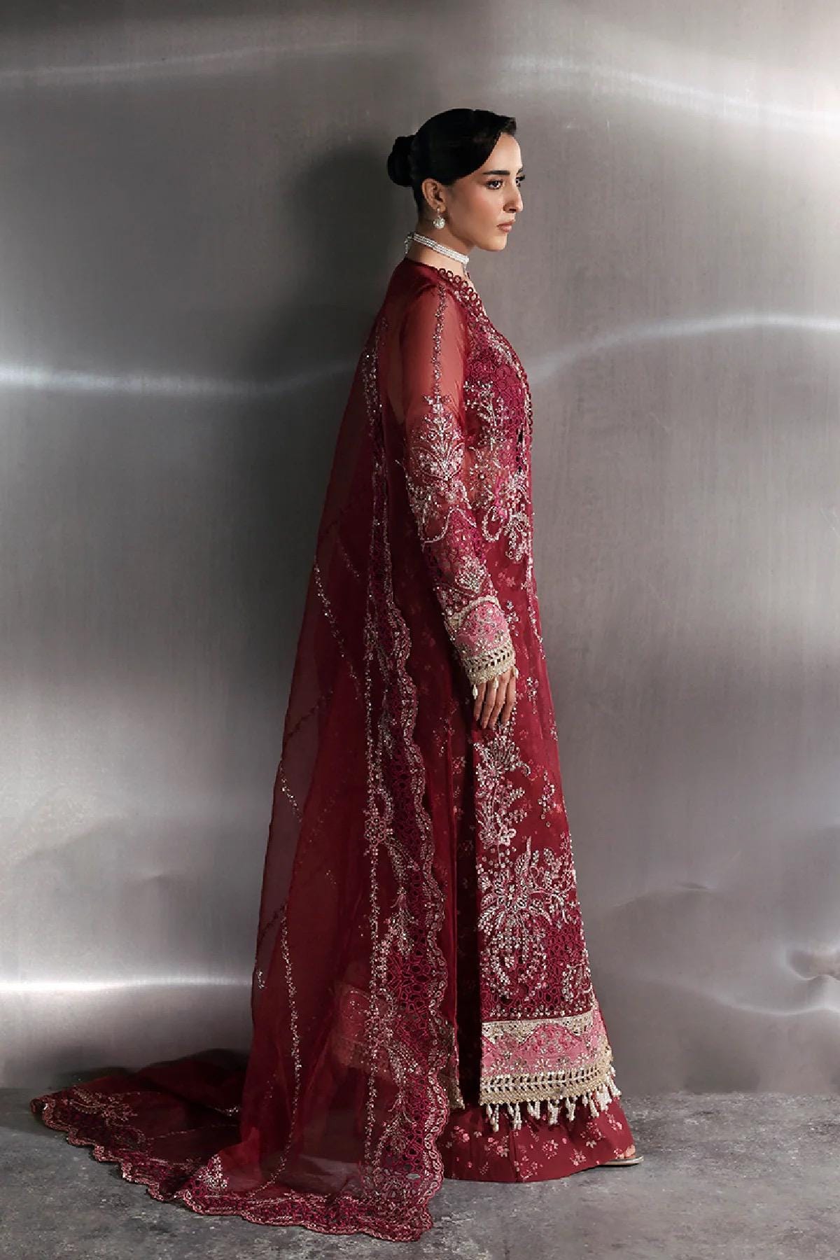 Embroidered Garnet Organza Pakistani Suit: 3-Piece Eid Outfit