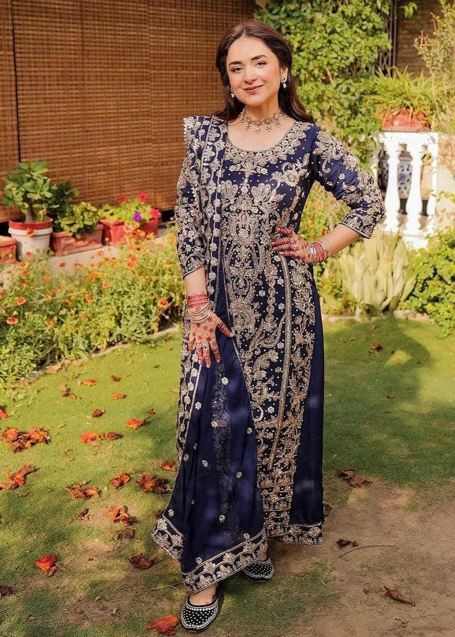 Embroidered Blue Pakistani Shalwar Kameez, Chiffon Dupatta, 3-Piece Set