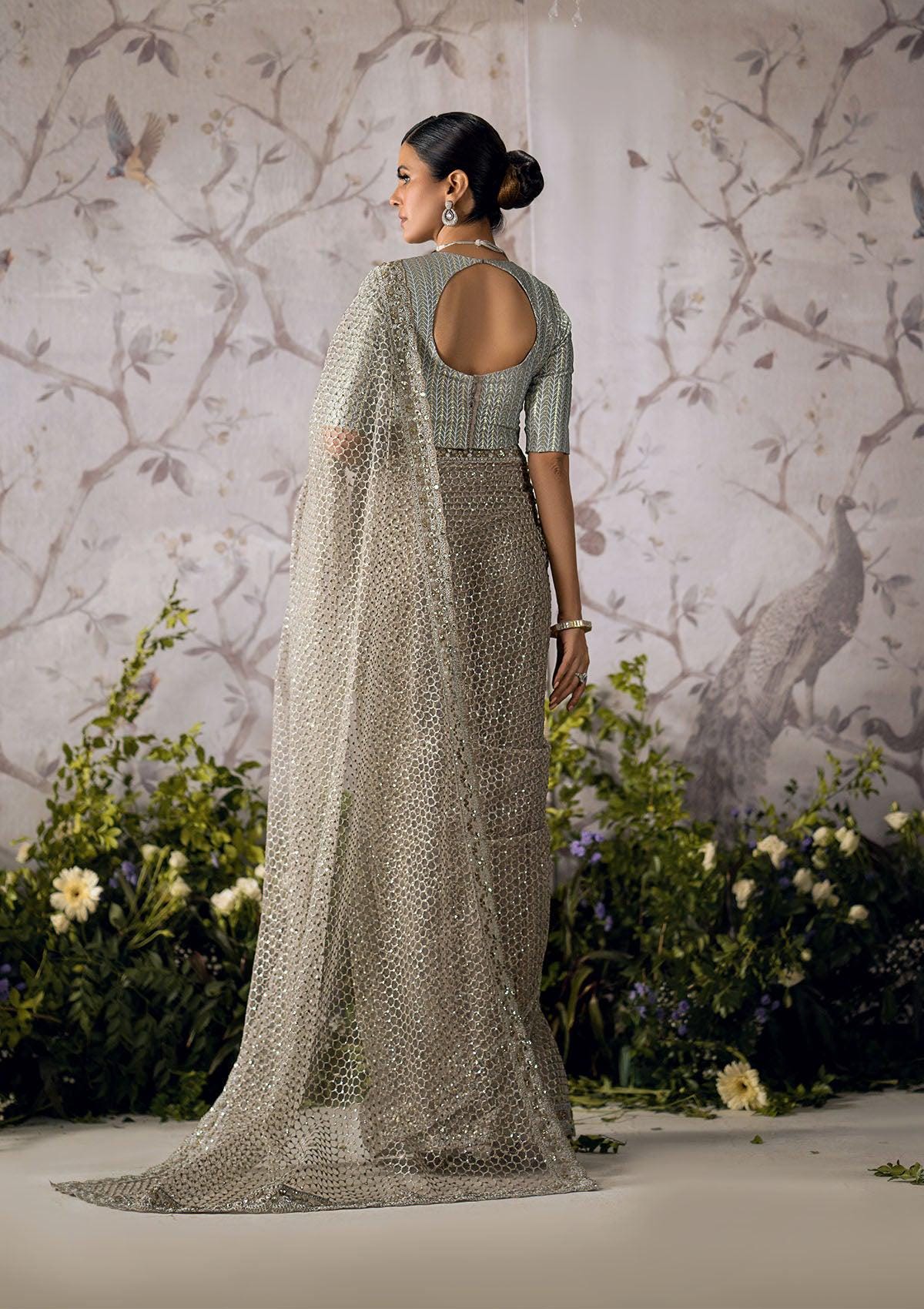 Grey & Gold Sequin Embroidered Tulle Saree, Indian Wedding Dress