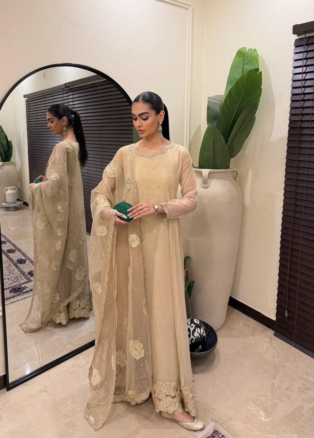 Beige Embroidered Pakistani Maxi Suit, Organza Dupatta, Silk Trouser