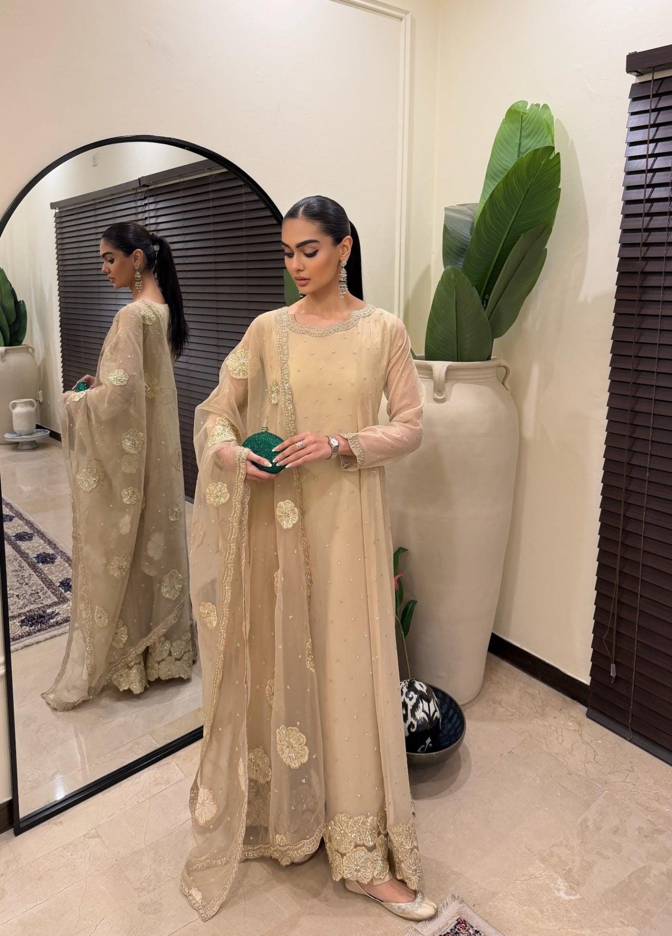 Beige Embroidered Pakistani Maxi Suit, Organza Dupatta, Silk Trouser