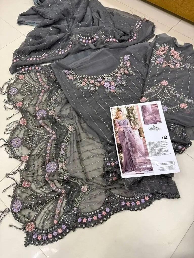 Grey Embroidered Chiffon Saree with Matching Blouse