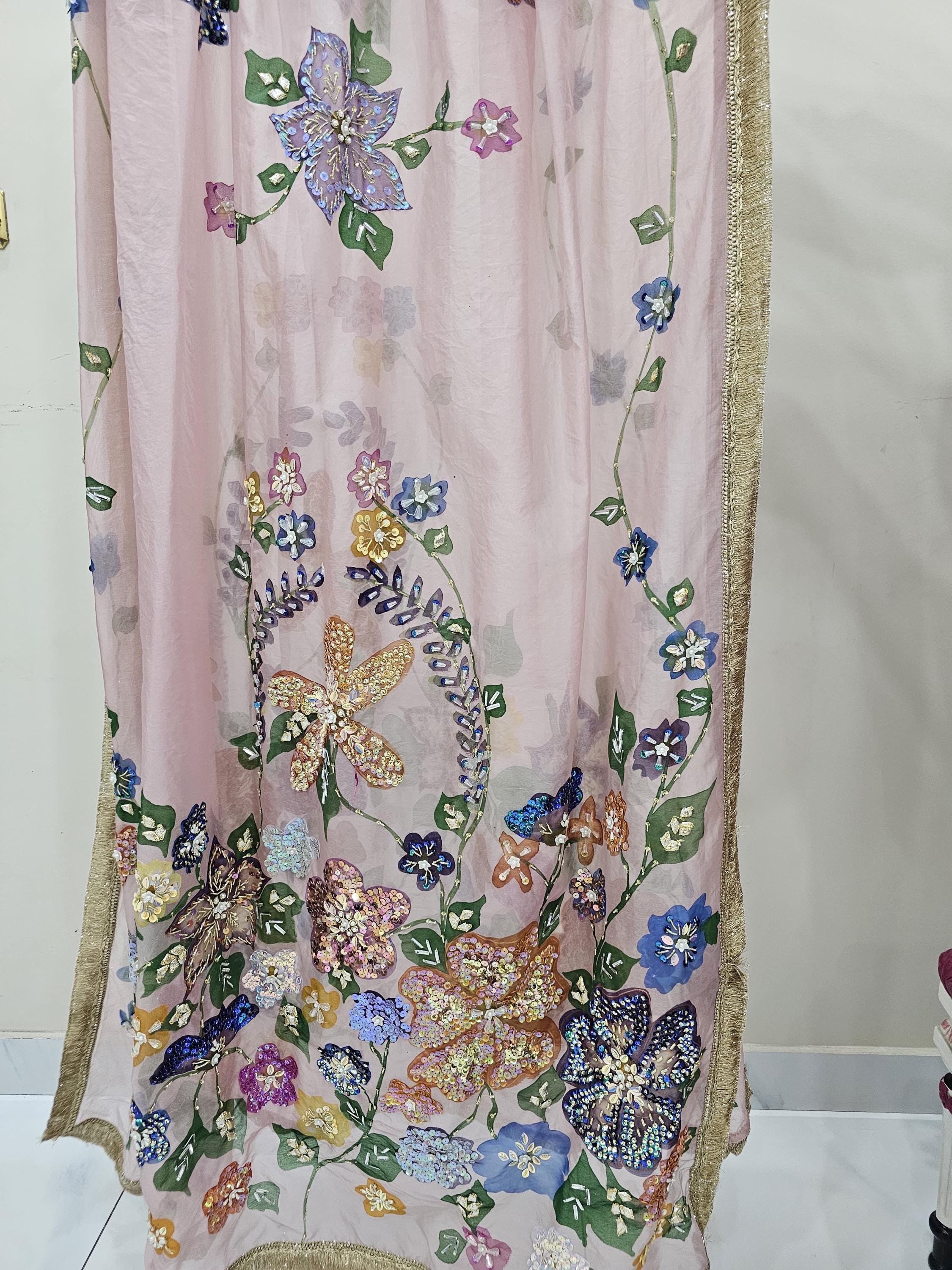 Hand-Painted Floral Tissue Dupatta: Baby Pink Bridal Shawl
