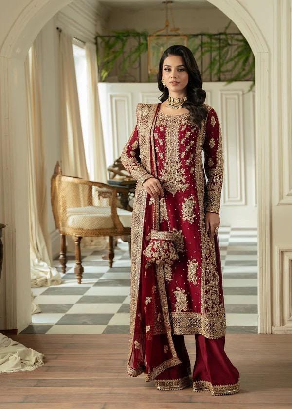 Red Sequin Pakistani Suit: Embroidered Chiffon Bridal Dress