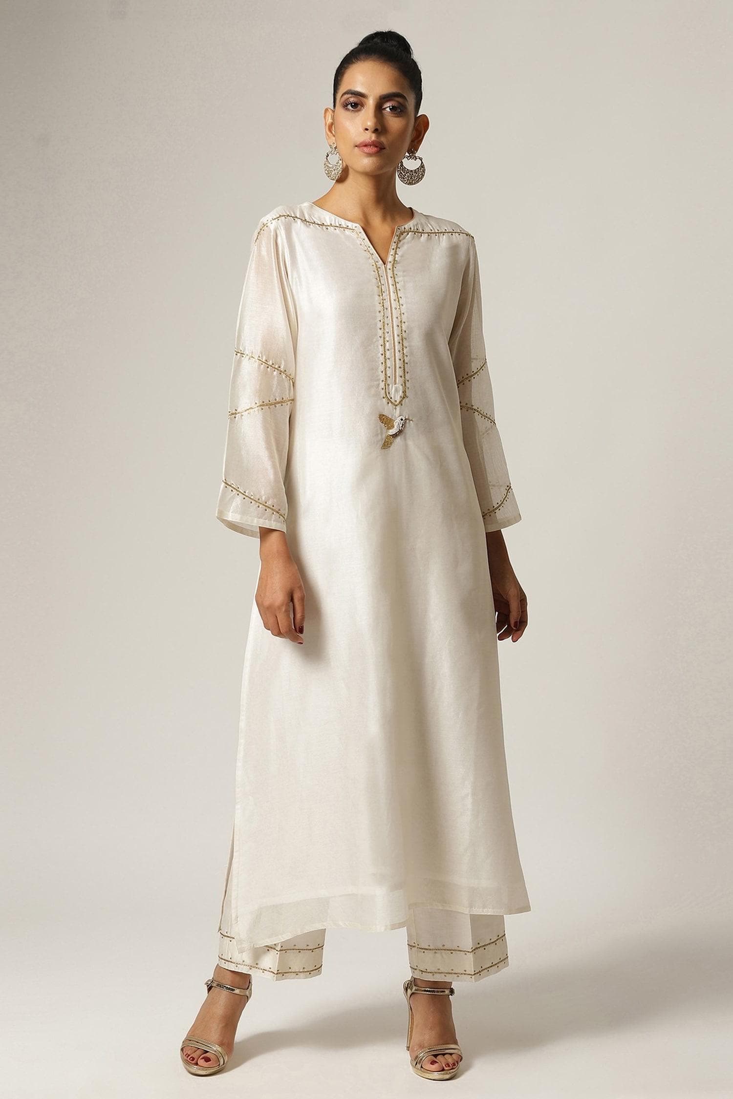 Handmade Off White Silk Kurta Pant Set, Zari Embroidered Organza Dupatta 3pc set