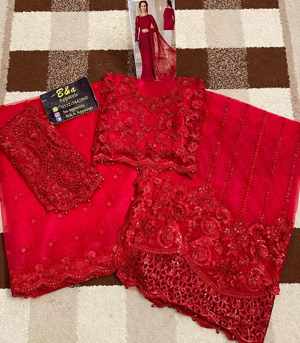 Red Chiffon Saree, Sequins Embroidered Indian Party Wear