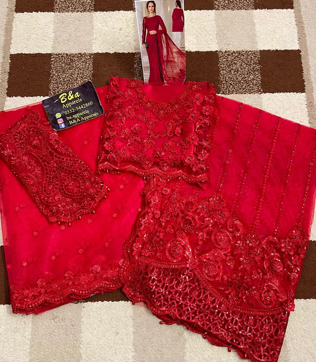 Red Chiffon Saree, Sequins Embroidered Indian Party Wear