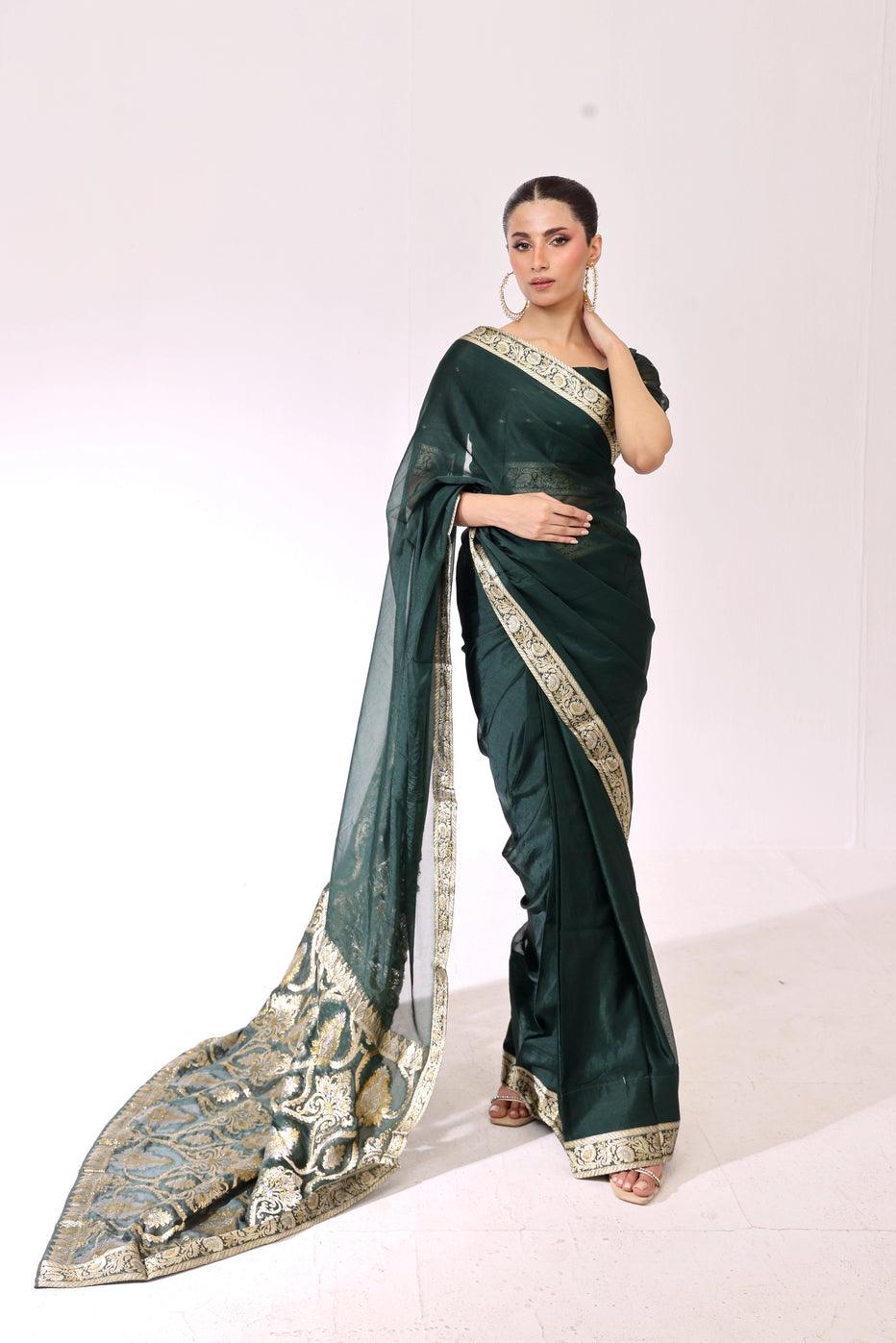 Emerald Green Banarasi Chiffon Saree, Indian Wedding Wear
