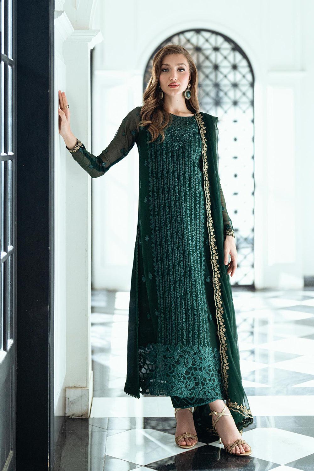 green heavy Chiffon Pakistani Suit: Embroidered Net Frock, Silk Trousers