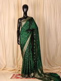Bottle Green Banarasi Silk Saree, Jaal Pattern, Floral Border