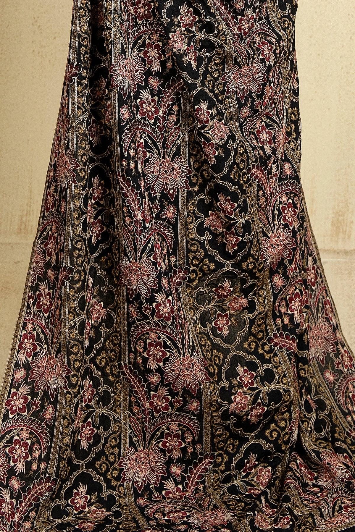 Embroidered Black indian raw silk cashmere Shawl: Indian Festive Wear