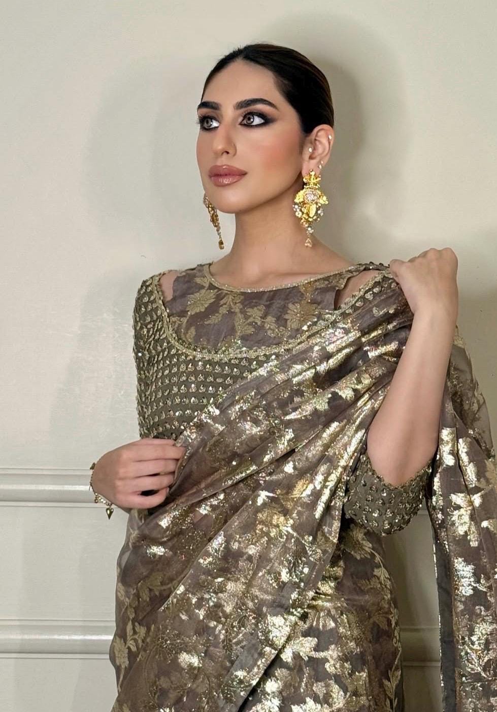 Indian Wedding Saree, Brown & Gold Sequins Embroidered Net Saree